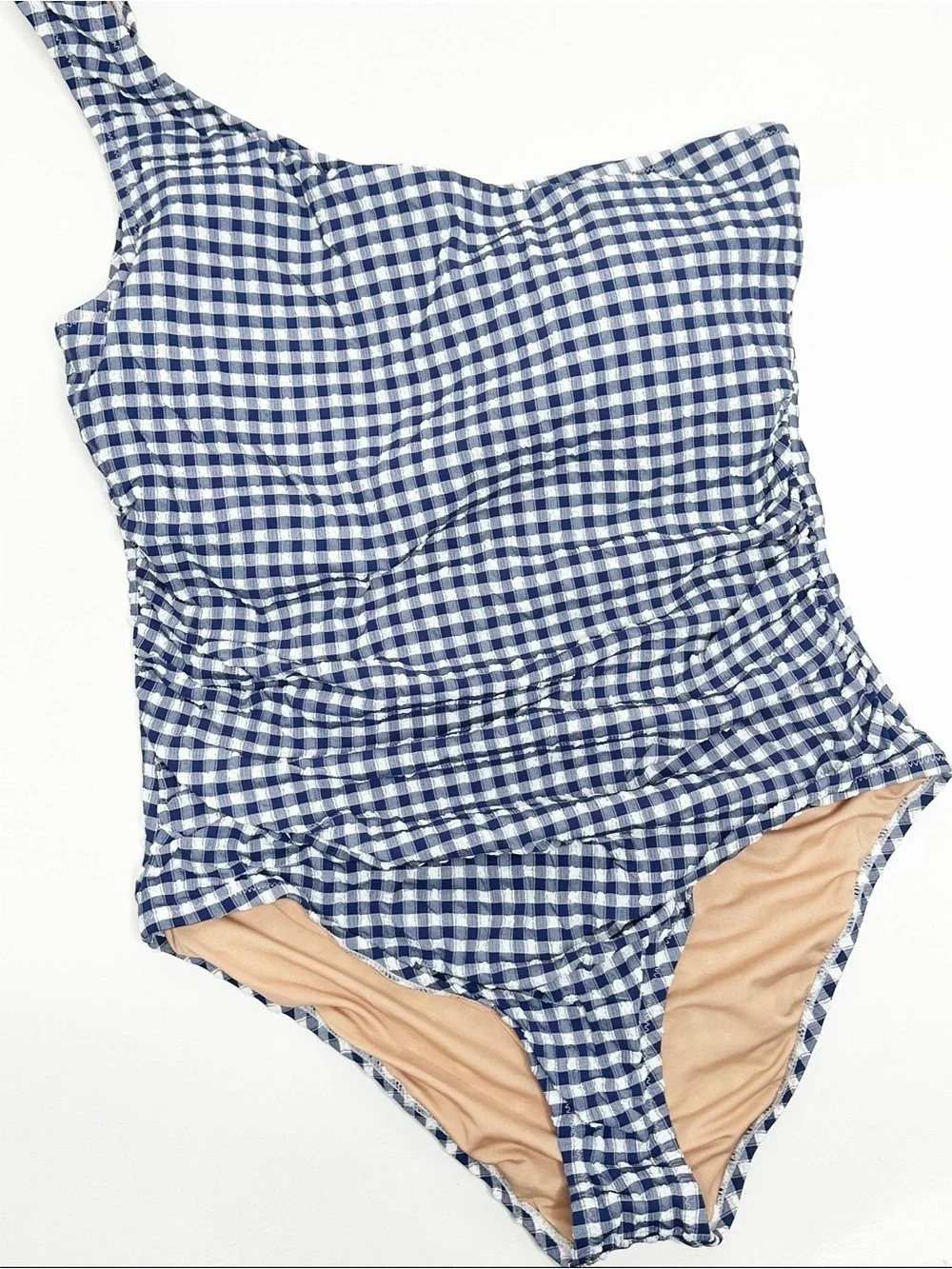 J. Crew New! Sleek Ruched Gingham One-Shoulder One-Piece Swimsuit Size 16